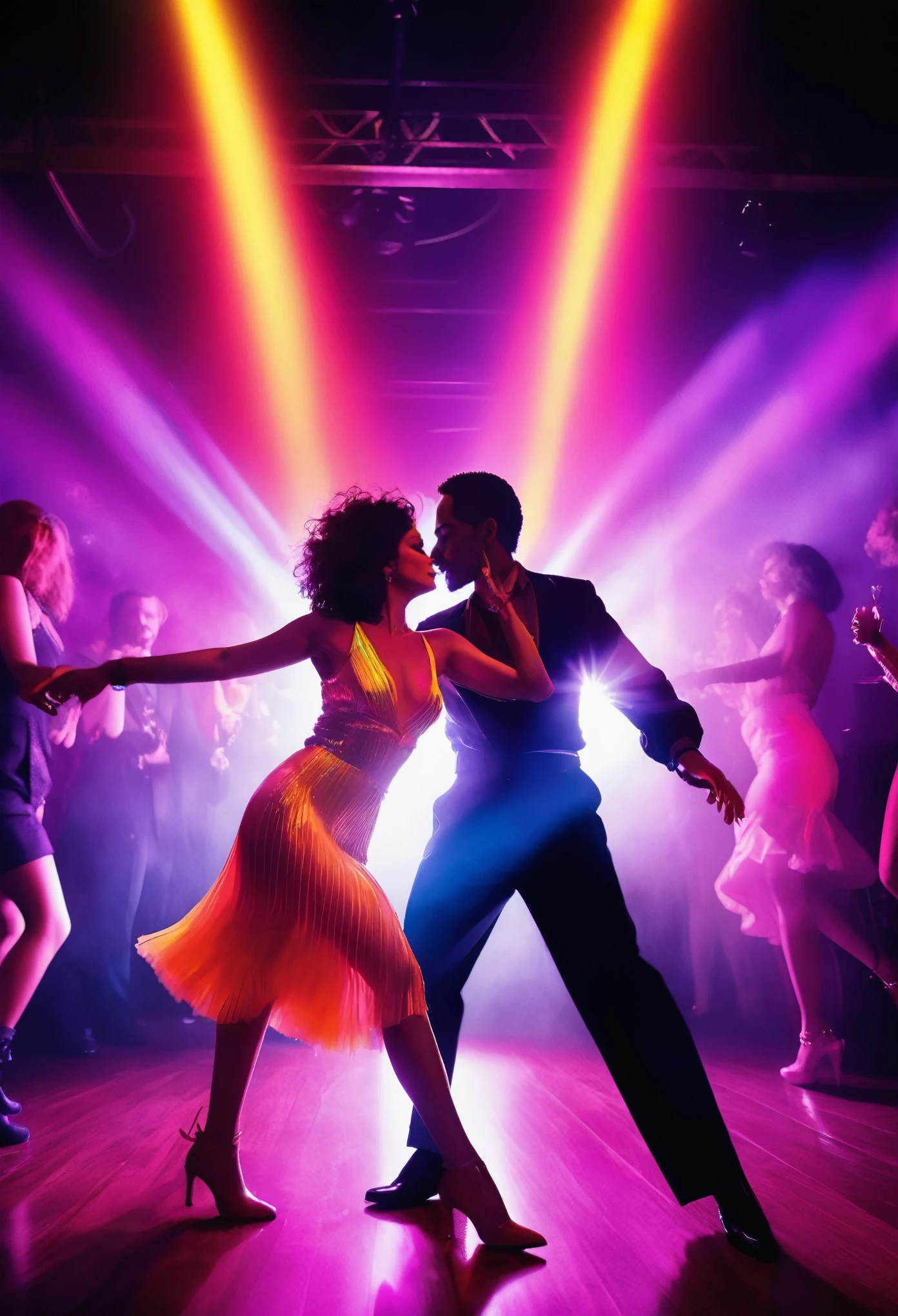 a woman and man dancing cha cha cha on a nightclub stage, 80s retro aesthetic, dramatic spotlight lighting, extreme detail, high quality, photorealistic, vibrant colors, neon lights, smoke machine effects, dynamic poses, glamorous outfits, intricate background details