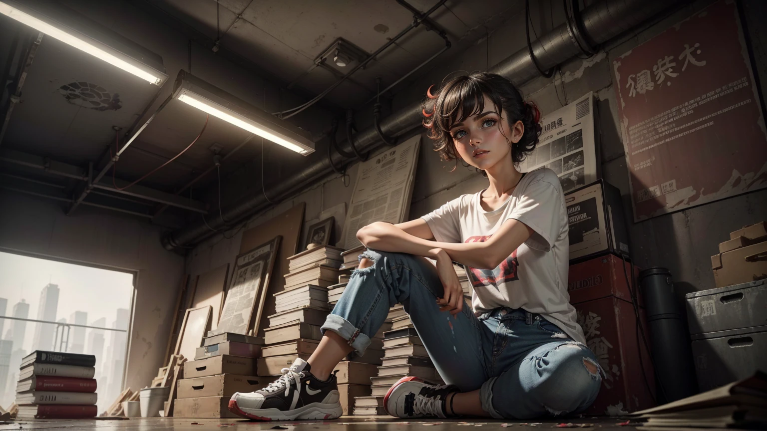 (Graffiti painting), (A beautiful charming girl sits cross-legged on a mountain of old newspapers in the basement), (She is wearing a white round neck shirt and jeans), young wild asian face, Slightly mixed face shape, (Slightly square chin: 0.4), Messy and too long, Hard curly hair, lazy, (face perfect), The slender eyes narrowed slightly, sports shoes, (Industrial lights on the roof emit a dim light, weak red light: 1.34), fund: The basement is covered with many old newspapers and dilapidated walls, industrial style, shabby retro, 90s anime style, Bold silhouettes, Graphic arts, line art, black andwhite, line art with pen pressure, Pen pressure sketch, With pen pressure的书法笔, G pen style,With pen pressure, Thick hand-drawn lines, hight contrast, most models,