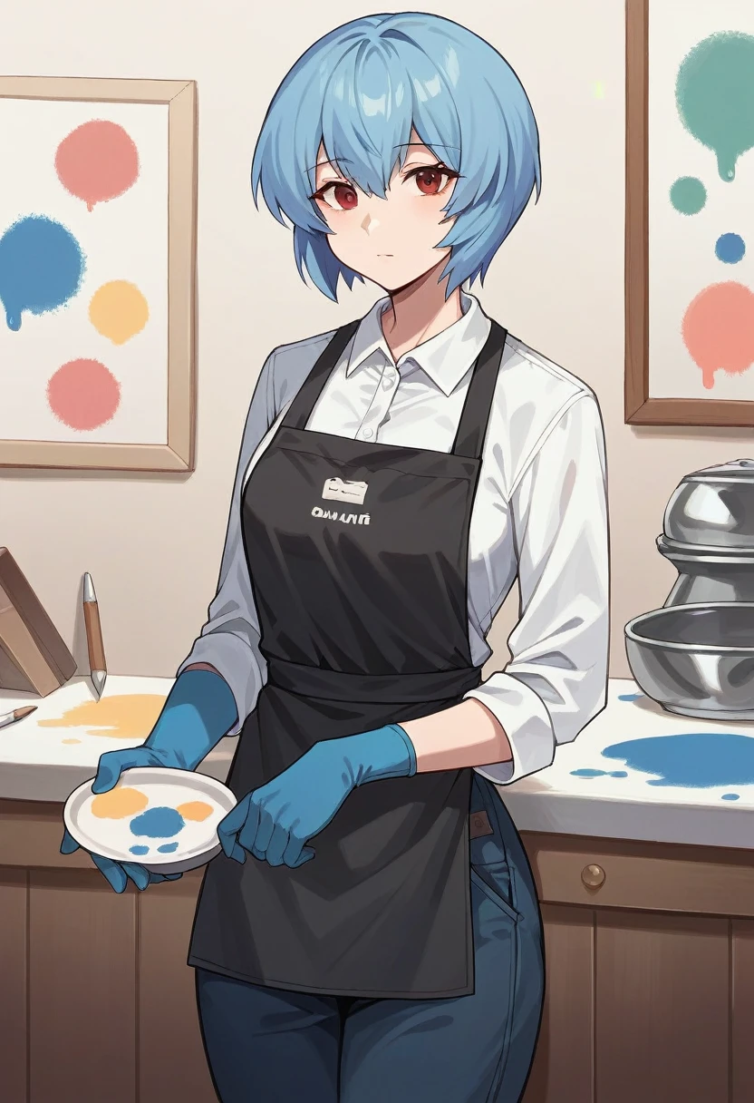 1girl, rei ayanami, ((((blue half elbow gloves)))), (white shirt), ((long sleeves)), (black apron), (pants), looking at viewer, standing, ((paints the walls)), solo