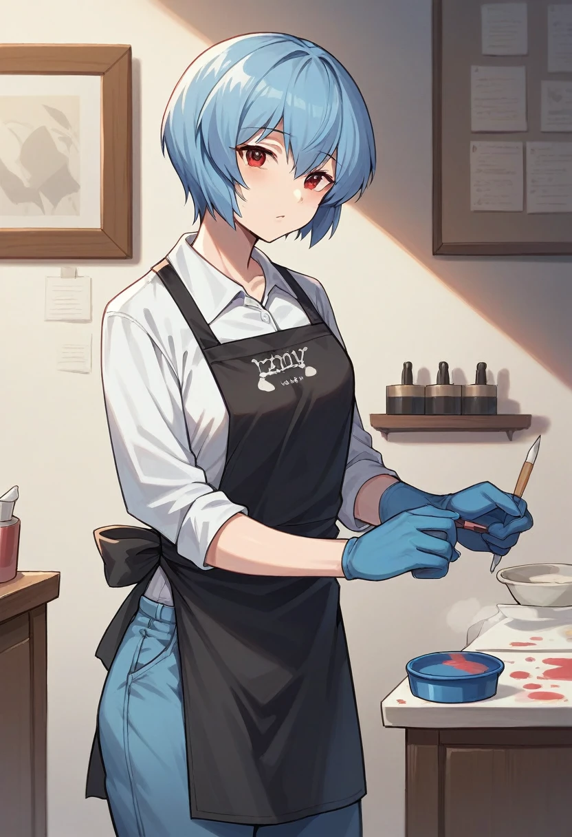 1girl, rei ayanami, ((((blue half elbow gloves)))), (white shirt), ((long sleeves)), (black apron), (pants), looking at viewer, standing, ((paints the walls)), solo