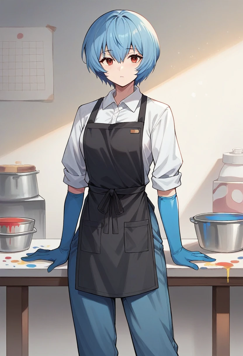 1girl, rei ayanami, ((((blue half elbow gloves)))), (white shirt), ((long sleeves)), (black apron), (pants), looking at viewer, standing, ((paints the walls)), solo 

