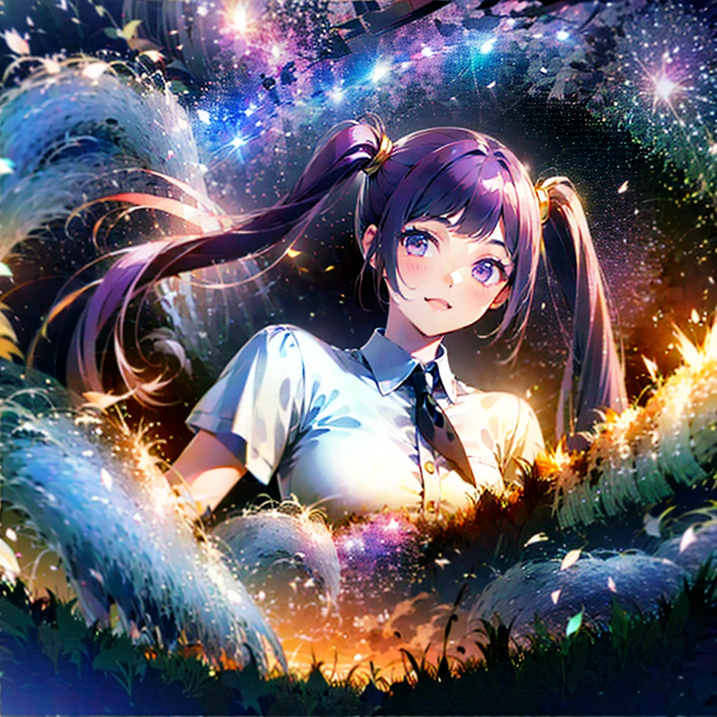 (masterpiece), (HDR), absurdres, (best quality), (ultra high quality), (hi-res), (1girl), slim, (lavender eyes), beautiful detailed eyes, teen, (dark purple hair), bangs, short side locks, (((big thick twintails))), (long straight hair), (((two gold hair ties))), button up shirt, detached collar, short sleeves, (medium breast), ((thin waist)), mini skirt, ((zettai ryouiki)), (happy expression), smile, night time, outdoors, stargazing, starlight, universe, galaxy, stars above, stars, milky way, stars reflected in eyes, mouth open, in a field, grass,