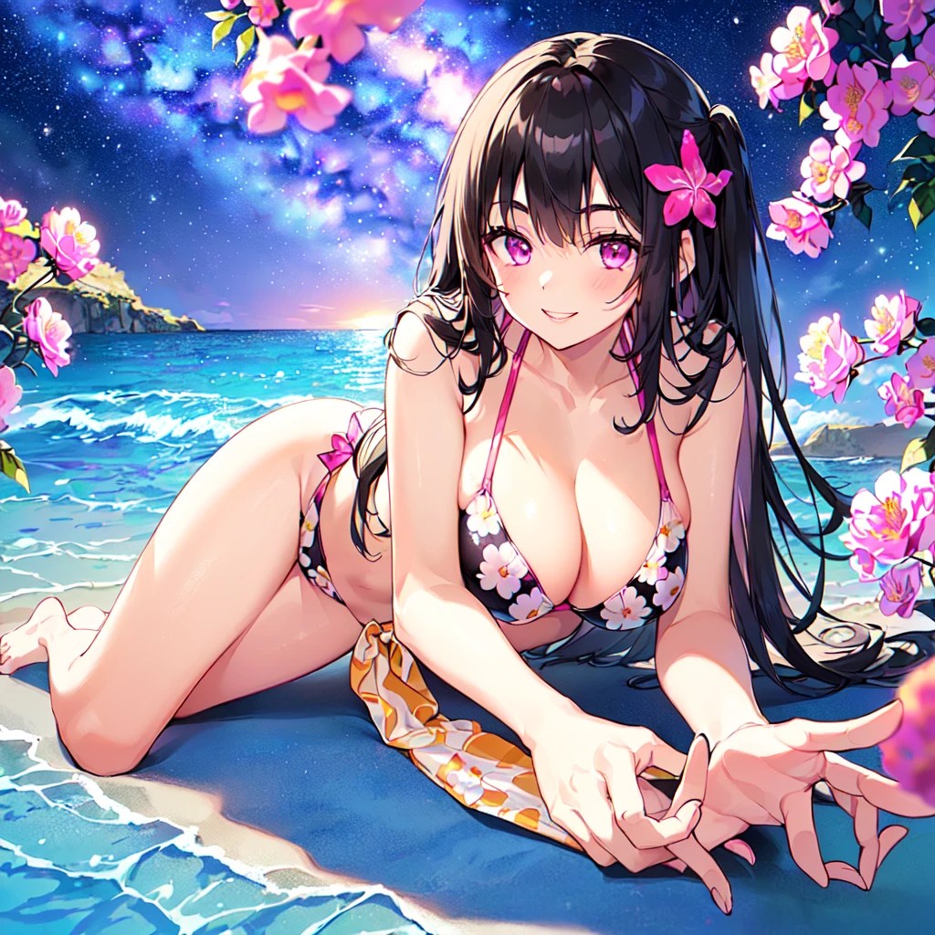 masterpiece, best quality, high quality, extremely detailed, very delicate and beautiful, (1 female 18 years old solo:1.5), (long black hair up to waist with two side up:1.5), bangs to eyebrows, eyes light eye (sharp and strong glossy glossy eyes, glossy eyebrows, (eye color magenta:1.3), 6.5 head height, (bikini swimsuit summer flower print:1.3), ruffled, (smiling),(lying pose by the sea:1.3) , (dynamic pose) , Milky Way Night Sky:1.3)
