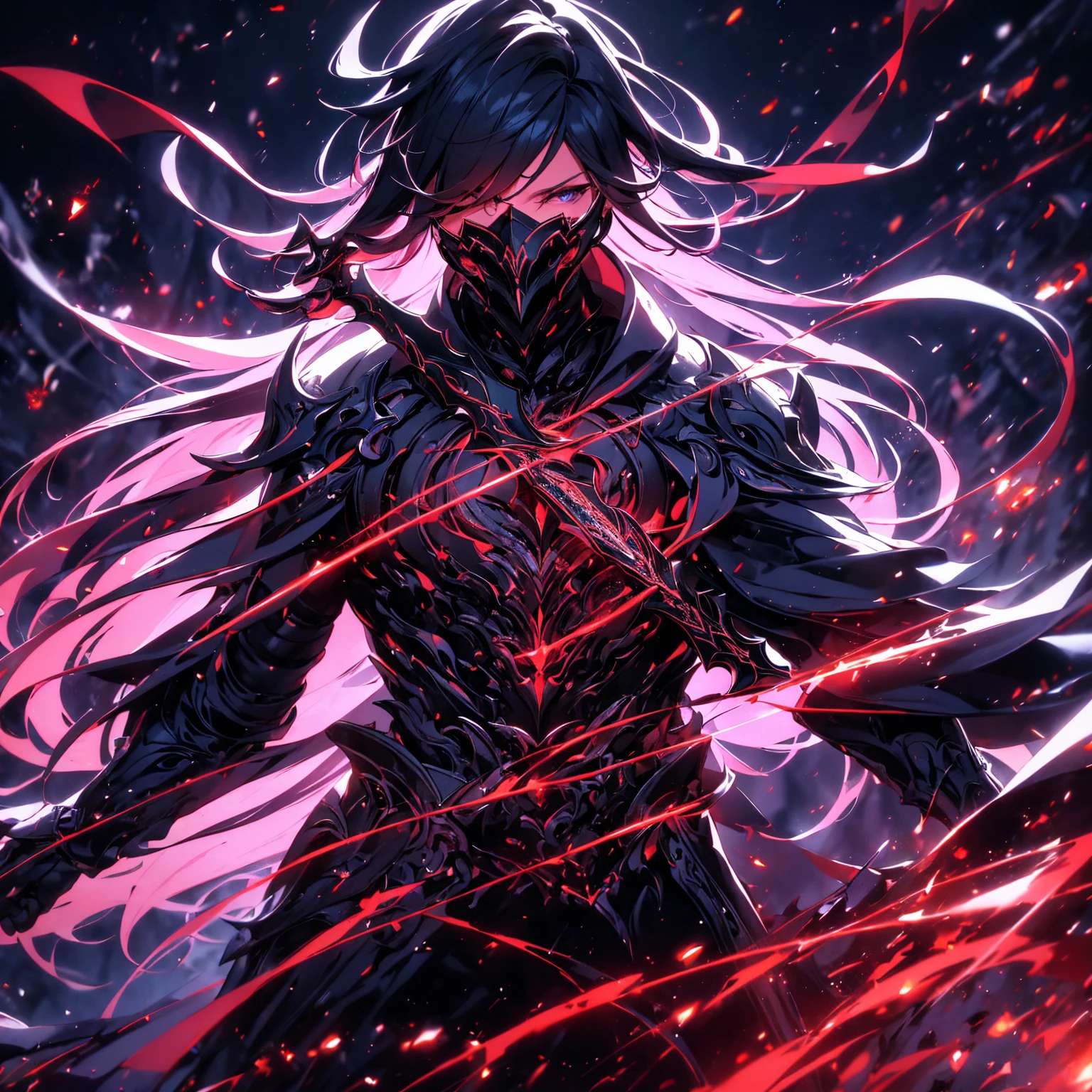 (Unity CG 8k ultra-detailed wallpaper, Master Pieces, best qualityer, depth of fields, HDR, Complex), Cao Cao, The sinister Dark Assassin wears a metal mask,eerie glowing red eyes,violet and dark armor,Behind him, he wears a discreet violet cape,Holding a sharp dagger in his arms,Enter the burning village, (Complex: 1.4) (Master Pieces: 1.4) (illustration: 1.4), Red studio lighting, Post-processing, 8K resolution, deep dark background, Stately, Well composed photos, impressive, ダークファンタジー (Director: Greg Rutkovsky: 1.2), (darken: 1.5)(10 people:1.8)