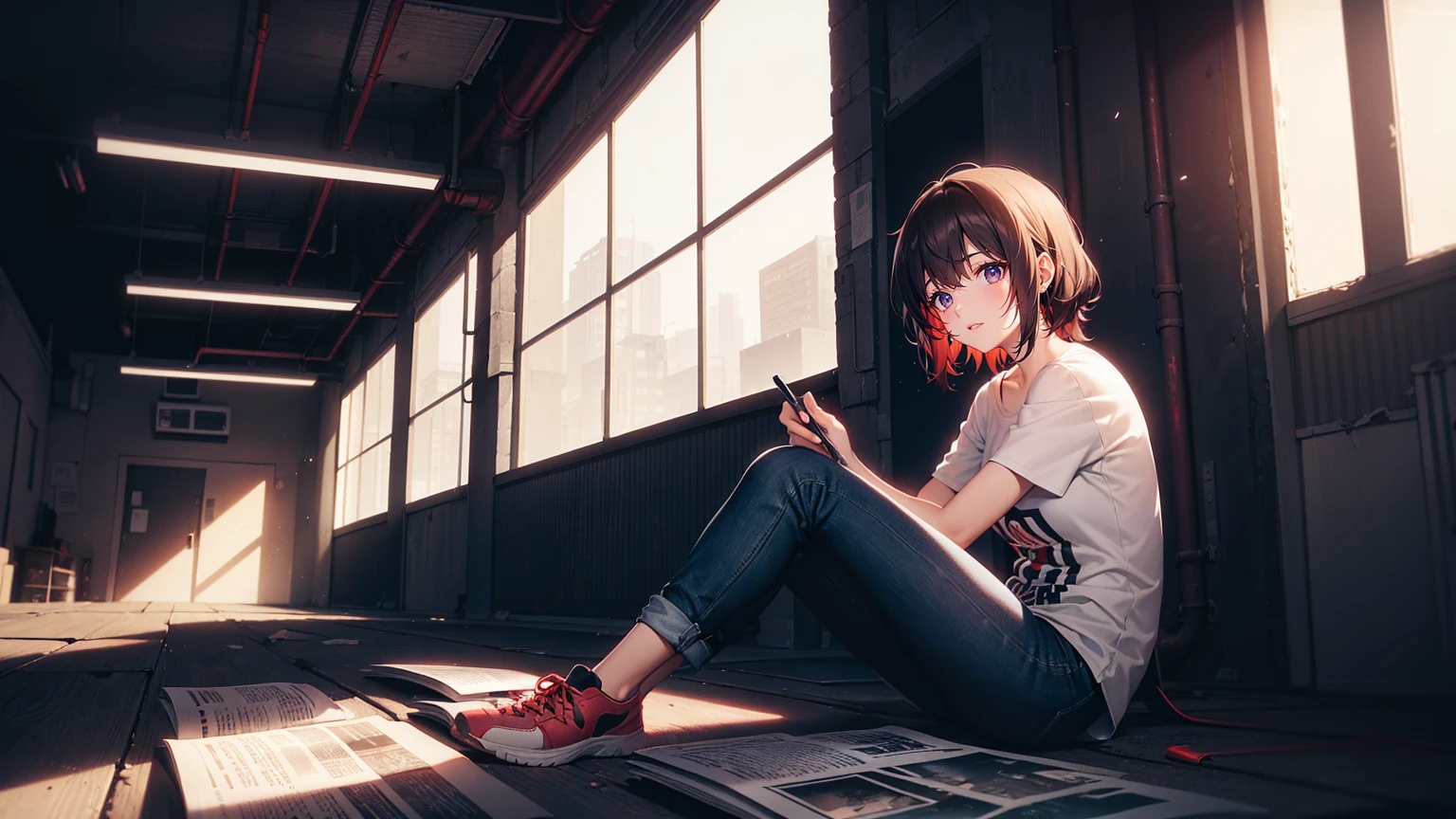 (A beautiful charming girl sits cross-legged on a mountain of old newspapers in the basement), (She is wearing a white round neck shirt and jeans), young wild asian face, Slightly mixed face shape, (Slightly square chin: 0.4), Messy and too long, Hard curly hair, lazy, (face perfect), The slender eyes narrowed slightly, sports shoes, (Industrial lights on the roof emit a dim light, weak red light: 1.34), fund: The basement is covered with many old newspapers and dilapidated walls, industrial style, shabby retro, 90s anime style, Bold silhouettes, Graphic arts, line art, black andwhite, line art with pen pressure, Pen pressure sketch, With pen pressure的书法笔, G pen style,With pen pressure, Thick hand-drawn lines, hight contrast, most models,
