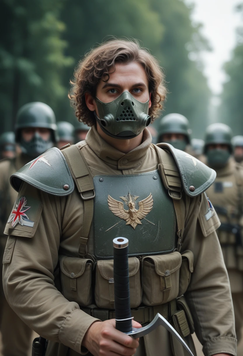 create a soldier, with a sword, the soldier is fast, with light armor, and has a battle mask, His skin tone is dark and he has curly hair.