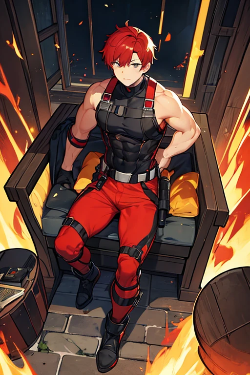 man, muscular, gay, short red hair, black skin, with scars, black sleeveless shirt, yellow flammable suit, black boots, arsonist