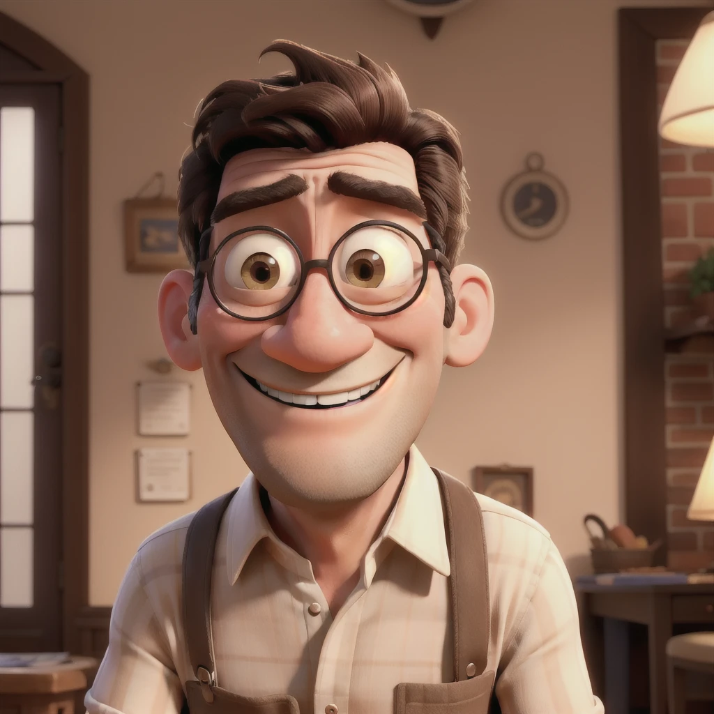 a mature man, smiling in disney pixar cartoon style