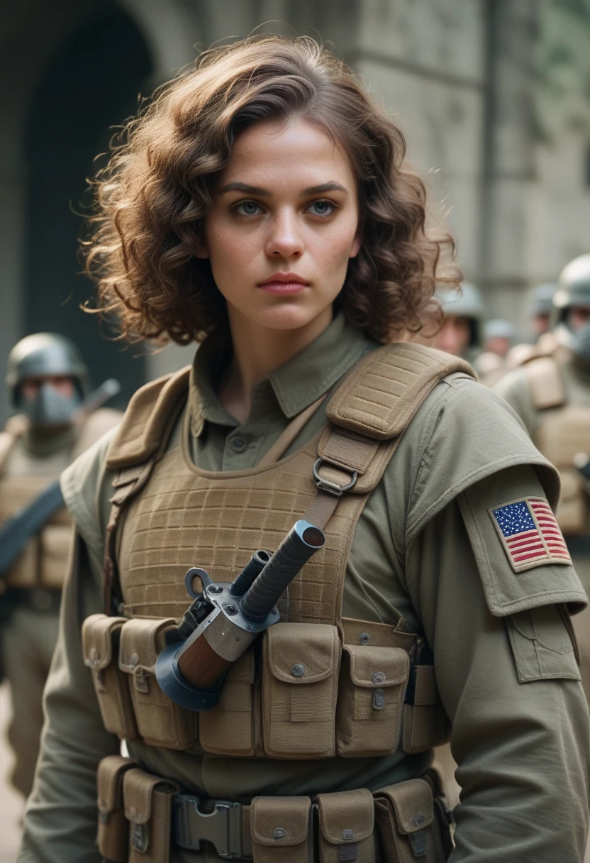 create a soldier, Woman, with a sword, the soldier is fast, with light armor, and has a battle mask, His skin tone is dark and he has curly hair.