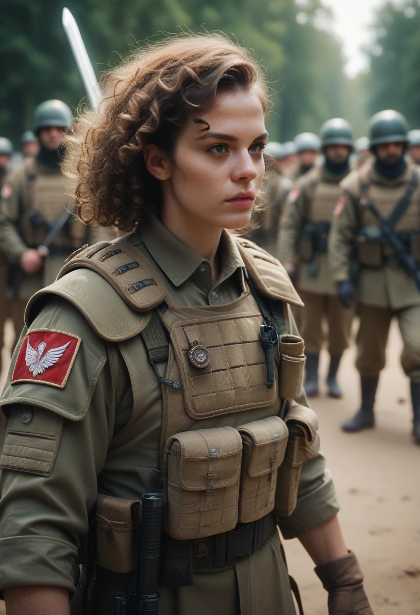 create a soldier, Woman, with a sword, the soldier is fast, with light armor, and has a battle mask, His skin tone is dark and he has curly hair.