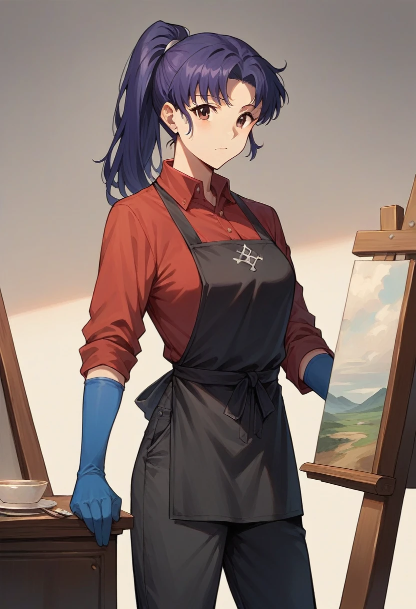 1girl, misato katsuragi, ponytail, ((blue half elbow gloves)), (red shirt), ((long sleeves)), (black apron), (pants), looking at viewer, standing, ((painting)), solo