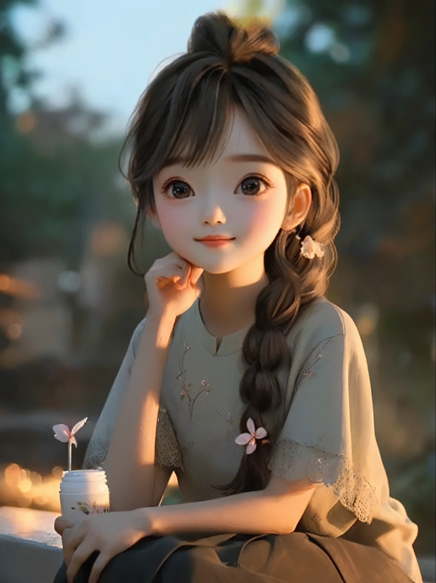A long-haired girl sitting on a bench,Holding a cup in hand, charming细致的数字艺术, charming的数字艺术, charming卡通 character, charming的肖像, charming卡通, charming的角色, Soft portrait shots 8 k, charming的数字, charming的 3d 渲染, charming, charming的动漫女孩, charming美丽, Beautiful soft lighting, charming, charming的卡哇伊女孩