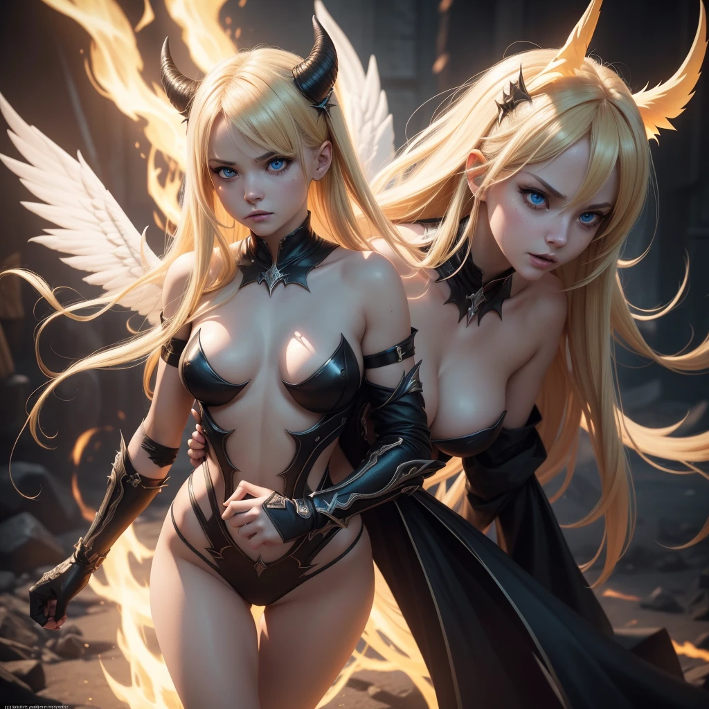An incredible full shot of a female creature, Blonde, incredibly cute appearance with an infernally evil soul, in the style of good and evil, angel demon stripcore, white witchcraft, background brightness, fumingcore, hyper realistic and hyper detailed, breathtaking composition, hyper emotional, epic cinematic lighting, 8K UHD