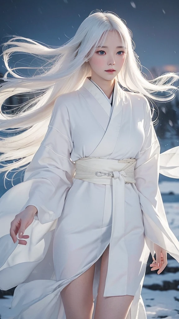 Delicate and dainty young woman with long glossy white hair. She is wearing a white only short thigh-baring kimono. The background is a fantastic and ethereal night sky with a heavy snowstorm. Her expression is stern and atmospheric. Strong winds.