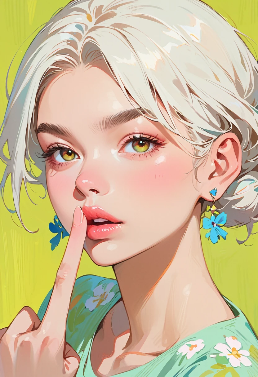 (masterpiece, best quality:1.2), 1 girl, solitary,Anime style,White hair, lips pink、Girl with light floral earrings puts her middle finger to her mouth,In the style of a top portrait painter, Yellow-green background.Middle finger raised