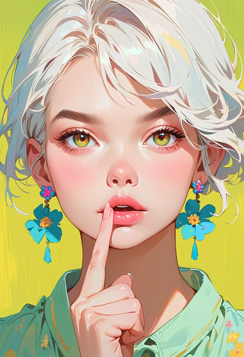(masterpiece, best quality:1.2), 1 girl, solitary,Anime style,White hair, lips pink、Girl with light floral earrings puts her middle finger to her mouth,In the style of a top portrait painter, Yellow-green background.Middle finger raised