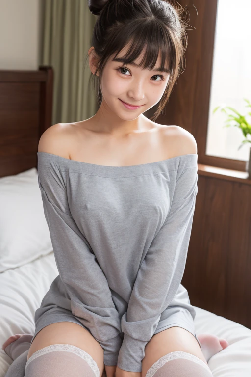 high quality, detailed,she is japanese gal,she is sweating a lot,she has a mole under her eye,small breasts,(wearing long sleeve gray oversized t-shirt dress,offshoulder,very very wet clothes,),blunt bangs,((bun hair)),huge smile,on the bed,((wearing overknee socks)),slender,face up,