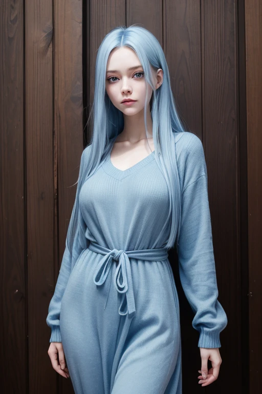 (masterpiece), best quality, expressive eyes, perfect face, long blue hair that falls to the waist, always slightly disheveled. Your eyes are a deep, melancholy blue She is pale, with an expression that is always introspective and distant. Dress in loose, dark-toned clothing, preferring cozy sweaters and comfortable pants. full breasts, slightly chubby body,