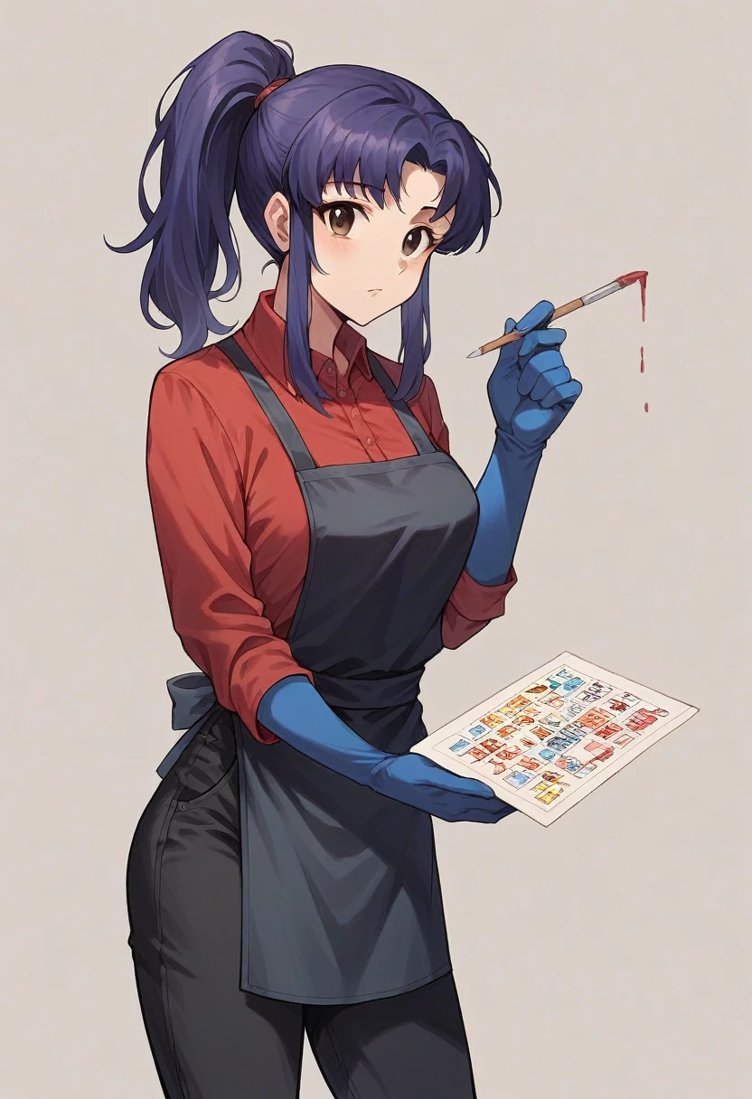 1girl, misato katsuragi, ponytail, ((blue half elbow gloves)), (red shirt), ((long sleeves)), (black apron), (pants), looking at viewer, standing, ((paints the walls)), solo

