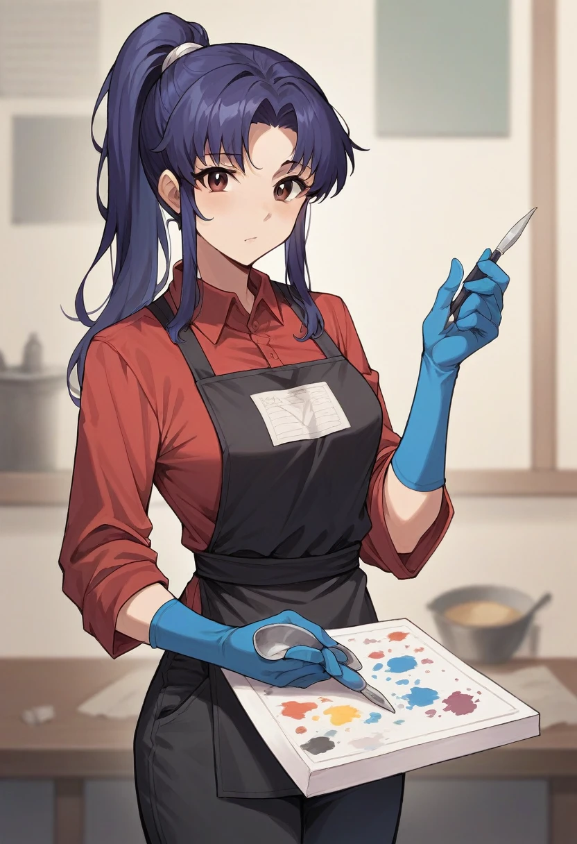 1girl, misato katsuragi, ponytail, ((blue half elbow gloves)), (red shirt), ((long sleeves)), (black apron), (pants), looking at viewer, standing, ((paints the walls)), solo