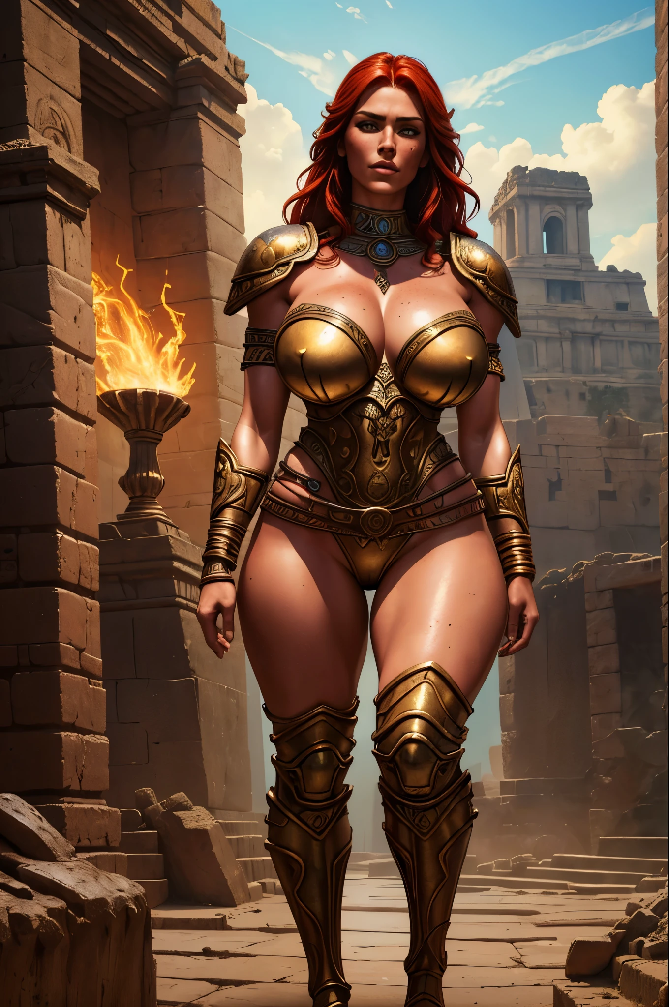a barbarian woman standing in aztec ruins, hourglass figure, rubenesque, red hair, freckles, full body shot, bronze armor, silver jewelry, (best quality,4k,8k,highres,masterpiece:1.2),ultra-detailed,(realistic,photorealistic,photo-realistic:1.37),fantasy,figurative,digital painting,dramatic lighting,cinematic composition
