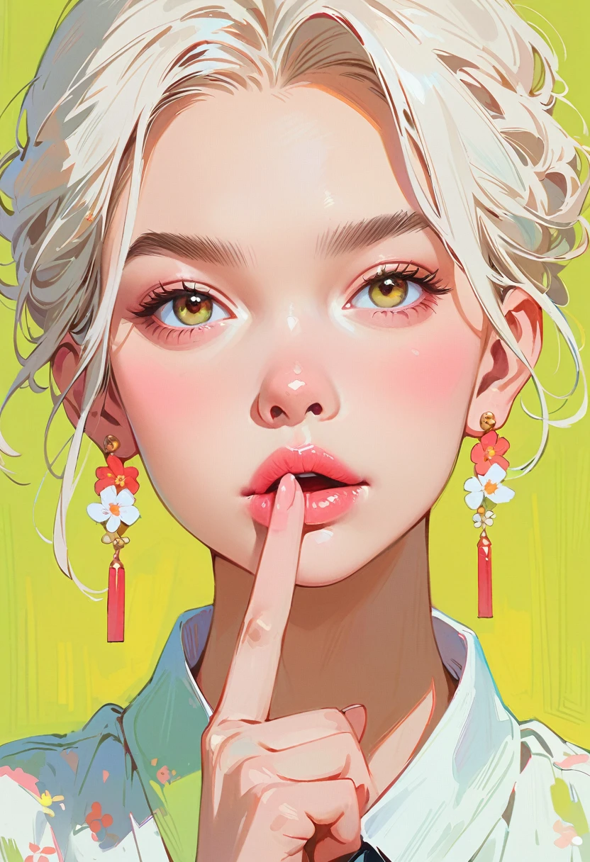 (masterpiece, best quality:1.2), 1 girl, solitary,Anime style,White hair, lips pink、Girl with light floral earrings puts her middle finger to her mouth,In the style of a top portrait painter, Yellow-green background.Middle finger raised