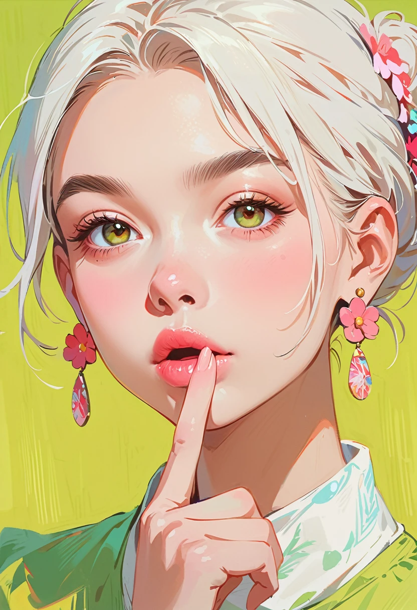 (masterpiece, best quality:1.2), 1 girl, solitary，Anime style，White hair, lips pink、Girl with light floral earrings puts her middle finger to her mouth，In the style of a top portrait painter, Yellow-green background.Middle finger raised
