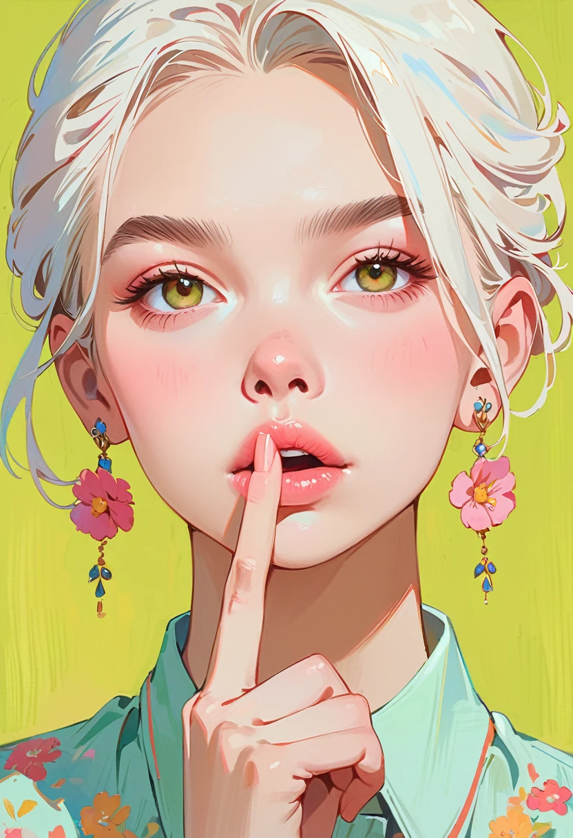(masterpiece, best quality:1.2), 1 girl, solitary,Anime style,White hair, lips pink、Girl with light floral earrings puts her middle finger to her mouth,In the style of a top portrait painter, Yellow-green background.Middle finger raised