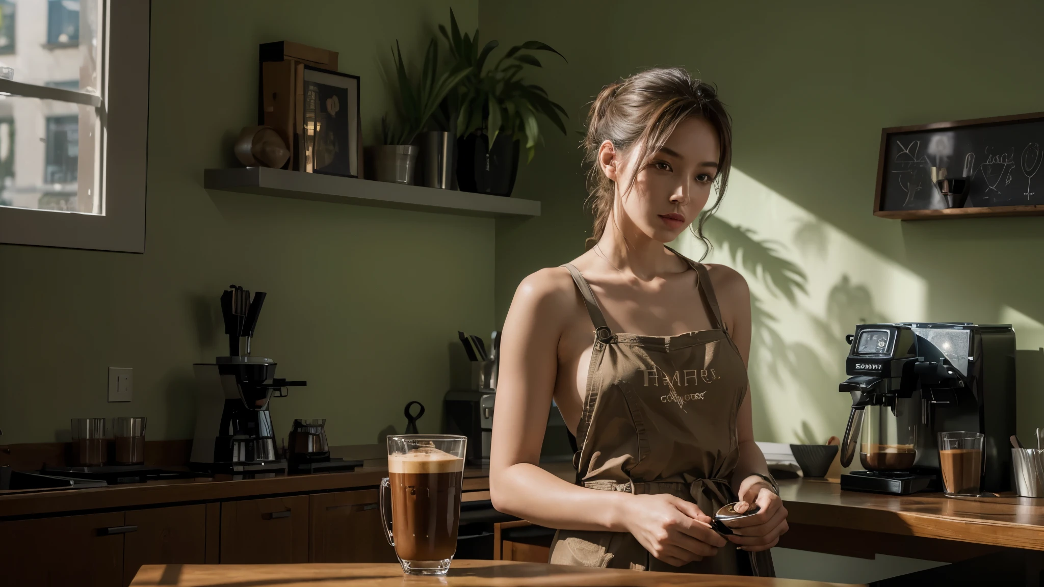 ((very sharp photo result, hyper realistic photo)) (((Best Quality))), (((masterpiece))), (((Ultra-detailed CG))),(((magical ))) an artsy edgy cafe barista corner table with coffee maker machine that steam and a cup of hot coffee, lime green dominated color, in foreground there`s a silhouette of a backlight pretty barista naked only wearing an apron, she is preparing the freshcoffee, shade photography, shadow & light, UHD, Shot on : sony a7 | fe 35mm f1.8