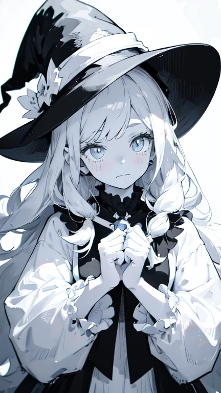 girl in a black and white blouse, with black and white witch hat, with a cute face,