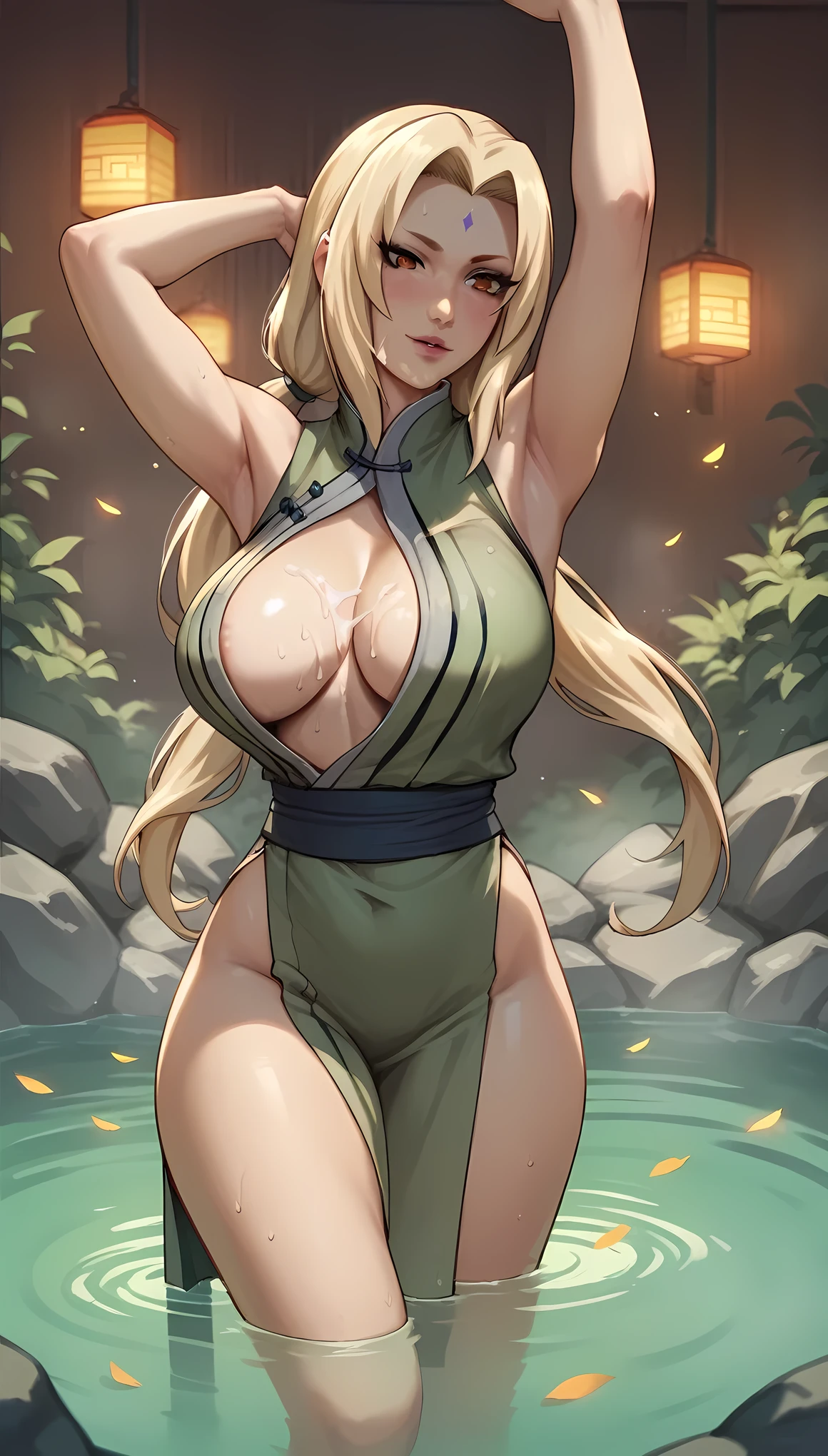 score_9, score_8_up, score_7_up, score_6_up, score_5_up, score_4_up,1girl,nsfw,dancing,chinese_clothes,jewelry,,(cum_on_body:1.3),tsunade_(naruto), 1girl, blonde_hair, brown_eyes, breasts, large_breasts, long_hair, forehead_jewel,,in hot spring,Onsen,glowing stardust frontground,fantasy,sparkling,fireflies