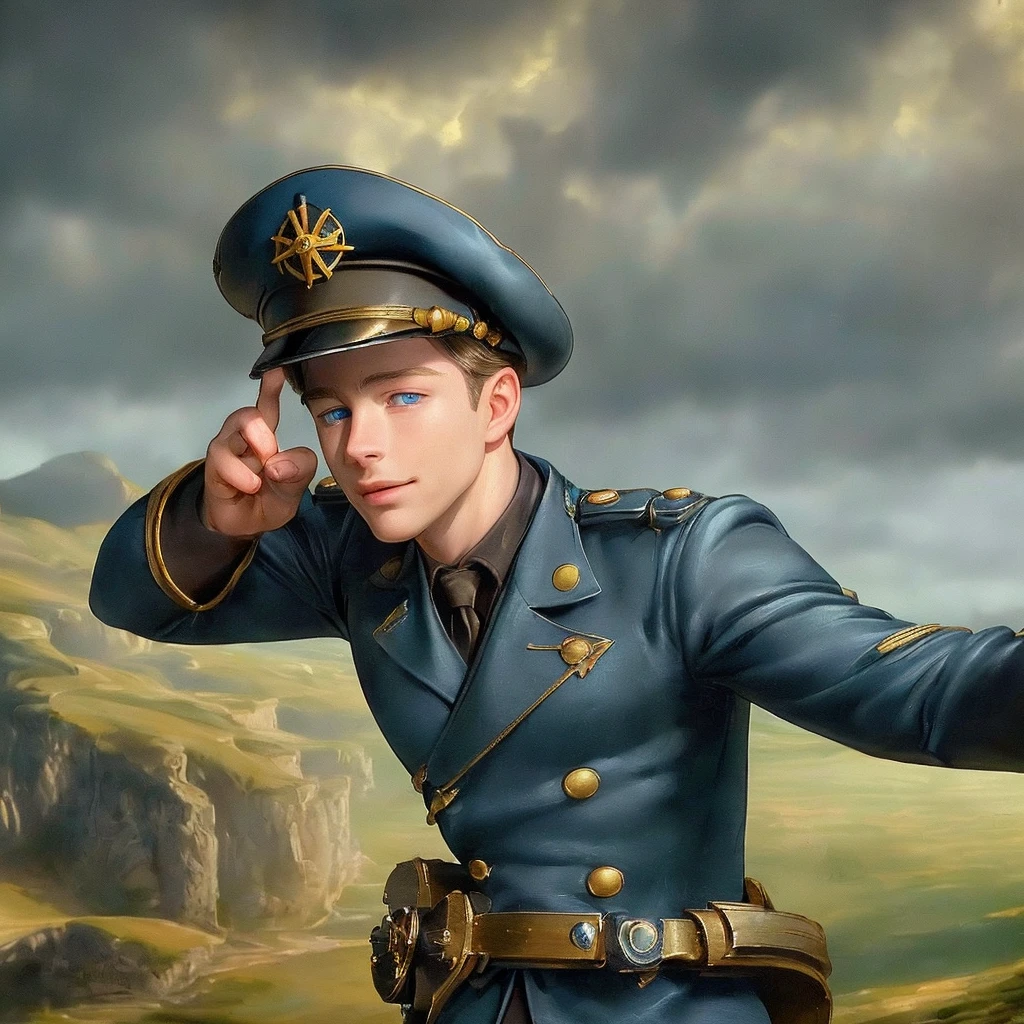 A handsome blonde age boy, (detailed face, beautiful blue eyes, long eyelashes, perfect skin:1.2), (smirking Captain Jack Harkness:1.3), highly detailed photorealistic town scenery, cinematic dramatic lighting, moody colors, (masterpiece,best quality,8k,ultra-detailed,realistic:1.4)