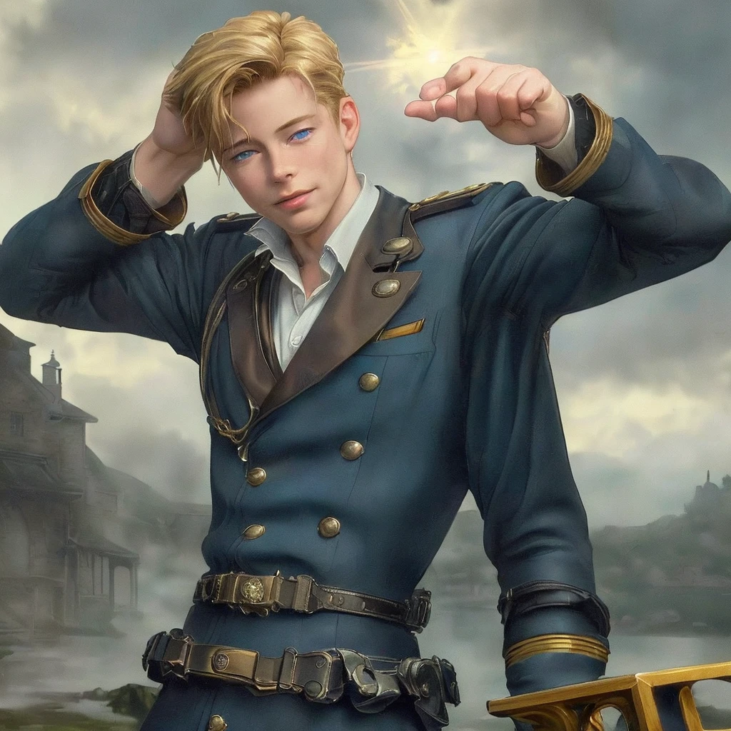 A handsome blonde teenage boy, (detailed face, beautiful blue eyes, long eyelashes, perfect skin:1.2), (smirking Captain Jack Harkness:1.3), highly detailed photorealistic town scenery, cinematic dramatic lighting, moody colors, (masterpiece,best quality,8k,ultra-detailed,realistic:1.4)