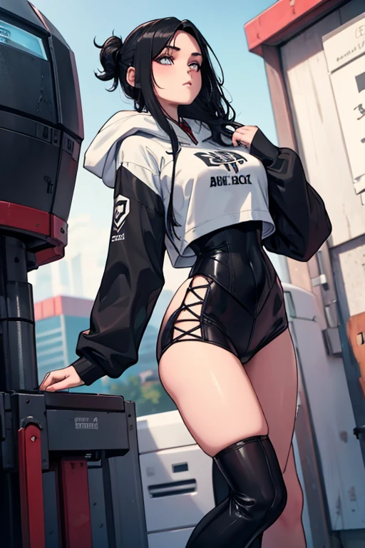 Age 22, White skin girl, , Bblack hair, extremely long hair, , sweatshirt clothes, futuristic armor, Female One, short preto, blackstockings, Women'black sneakers, Bblack hair, hair between the eyes, Bblack hair, cloused mouth, range, cabelo bagunçado Bblack hair cabelo extremamente longos olhos cinzas