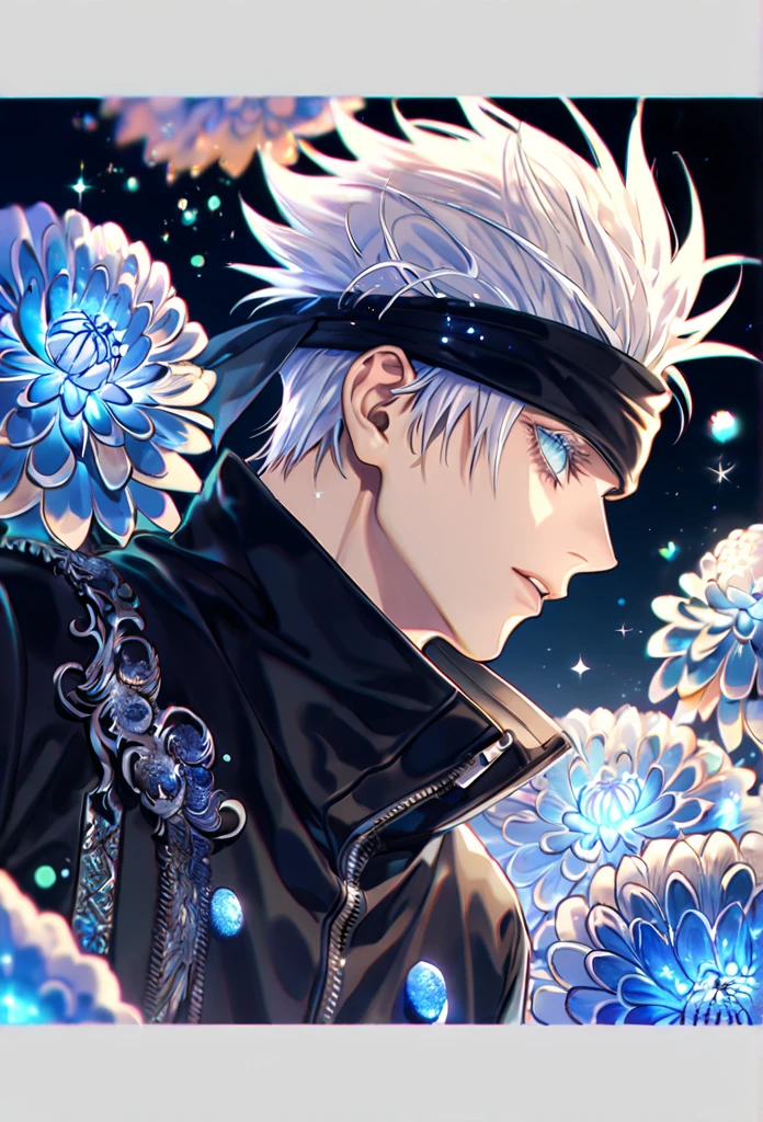 absurdres, highres, ultra detailed, HDR, master piece, best quality, extremely detailed, Gojou Satoru, white hair, blindfolded, Jujutsu Kaisen, solo, sexy man, handsome, zip-up black jacket, fantasy, water, sparkling, blue glittering fireflies, blue moon, blue blossoms, blue chrysanthemums, blue sparkling lights, starry sky