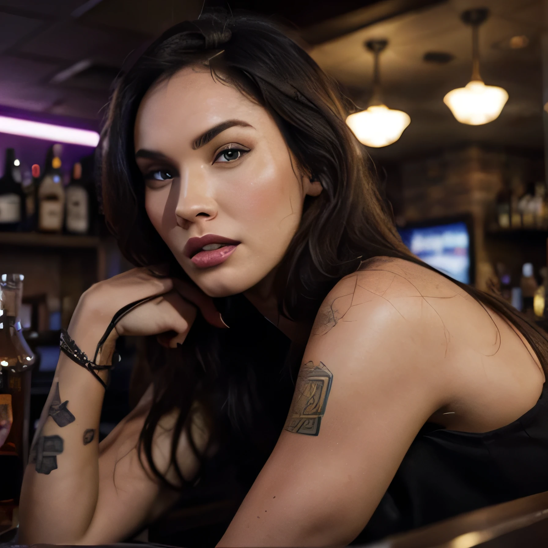 megan fox as nightclub bar servis , top ,beautiful detailed face,