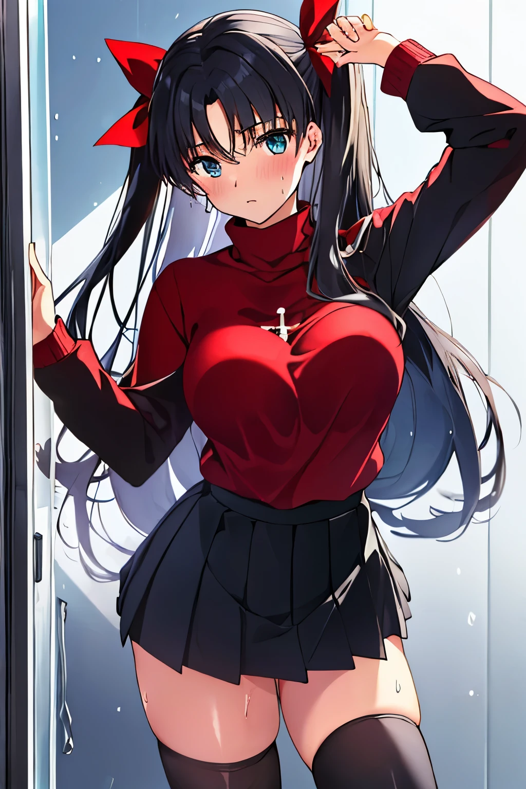 Behind the frosted glass, masterpiece, best quality, breasts_on_glass,1girl, fit body, wet semi-transparent clothes, sweat, breasts on windows, drop of water, breasts squeezed by glass,,tohsaka_rin, fate/stay_night, fate_(series), 1girl, aqua_eyes, black_hair, two_side_up, long_hair,black hair_ribbon,  cross_print,red_sweater,turtleneck_sweater, black_skirt,  miniskirt, pleated_skirt, black_thighhighs,zettai_ryouiki,,floating_clothes