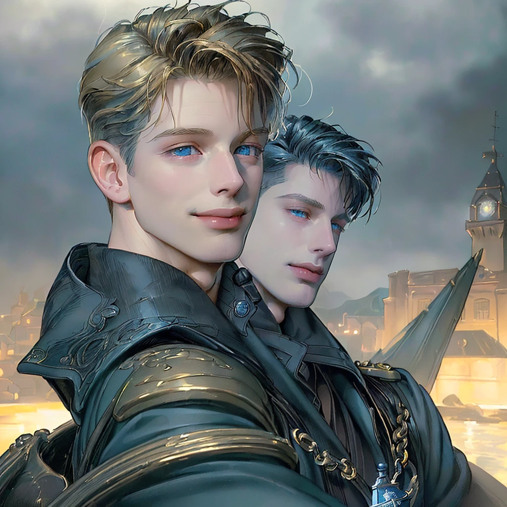 A handsome blonde age boy, (detailed face, beautiful blue eyes, long eyelashes, perfect skin:1.2), (smirking Captain Jack Harkness:1.3), highly detailed photorealistic town scenery, cinematic dramatic lighting, moody colors, (masterpiece,best quality,8k,ultra-detailed,realistic:1.4)