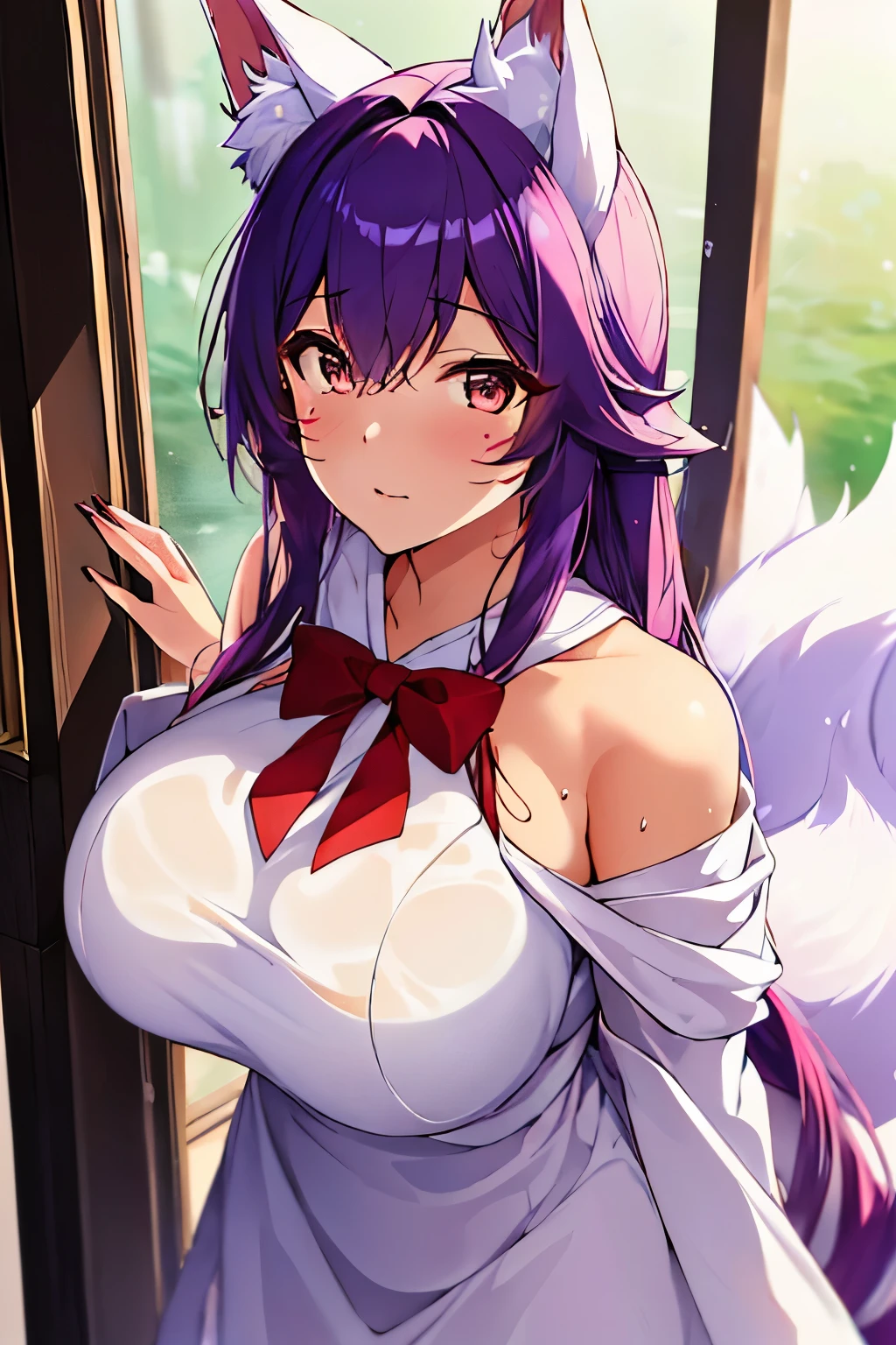 Behind the frosted glass, masterpiece, best quality, breasts_on_glass,1girl, fit body, wet semi-transparent clothes, sweat, breasts on windows, drop of water, breasts squeezed by glass,,ahri(league_of_legends), 1girl, kitsune, kyuubi, deep purple hair,deep purple fox ears, long_hair,brown_eyes ,facial mark, whisker markings,white fox tail,kyuubi, large_breasts, long sleeves, magic, white multiple tails, off shoulder, sharp fingernails,(red_and_white_dress:1.2),,blur background,background defocus