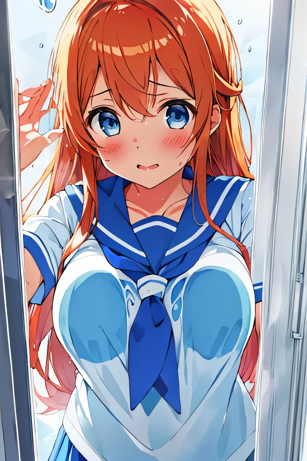 Behind the frosted glass, masterpiece, best quality, breasts_on_glass,1girl, fit body, wet semi-transparent clothes, sweat, breasts on windows, drop of water, breasts squeezed by glass,,kousaka_kirino, ore no imouto ga konna ni kawaii wake ga nai, orange hair|brown hair, long hair, floating hair, shiny hair, blue eyes|aqua eyes, pink hairclip, white shirt, (gray sailor collar|blue sailor collar), red ascot,floating droplets of water