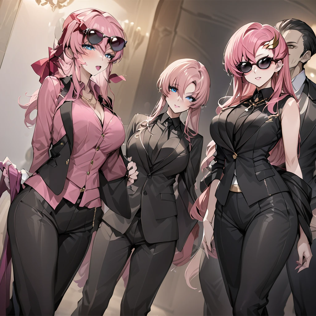 ((Highest quality)), ((masterpiece)), (detailed), (Perfect Face)、The woman is Lacus Clyne, a villainous mafia woman with blue eyes and medium-long pink hair, wearing a black suit, sunglasses, and luxurious accessories.、She is being held close by the mafia boss、The woman is a ruthless mafia member who swears absolute loyalty to the mafia and her boss.
