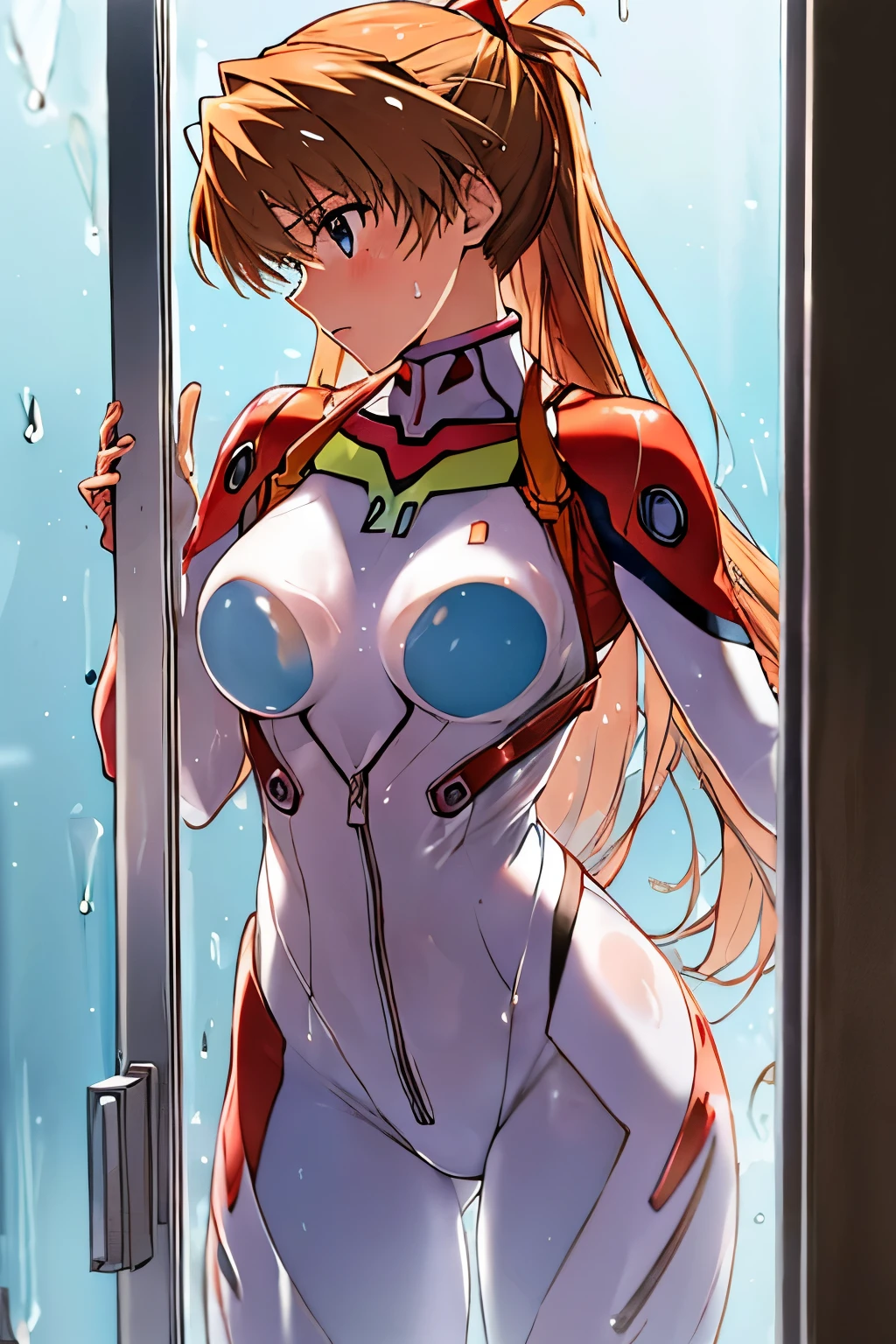 Behind the frosted glass, masterpiece, best quality, breasts_on_glass,1girl, fit body, wet semi-transparent clothes, sweat, breasts on windows, drop of water, breasts squeezed by glass,,souryuu asuka langley, neon genesis evangelion, rebuild of evangelion, plugsuit, pilot suit, red bodysuit,,luminous butterflies, fluttering butterflies