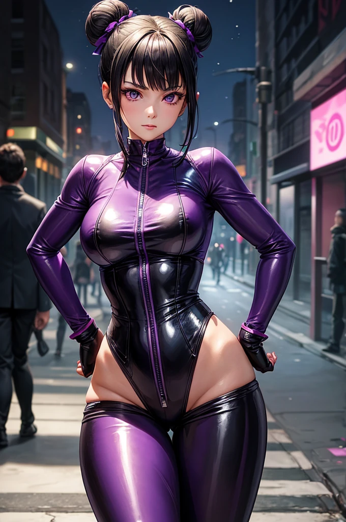A highly detailed digital art of a young woman inspired by Juri Han from Street Fighter. She has black hair styled in two high buns with purple ribbons and purple eyes. She is wearing a tight-fitting, leather bodysuit in purple and black with a front zipper partially open, revealing a deep neckline. She also wears matching purple gloves. The scene is set in an urban street at night, illuminated by artificial lights, capturing her confident and striking appearance.