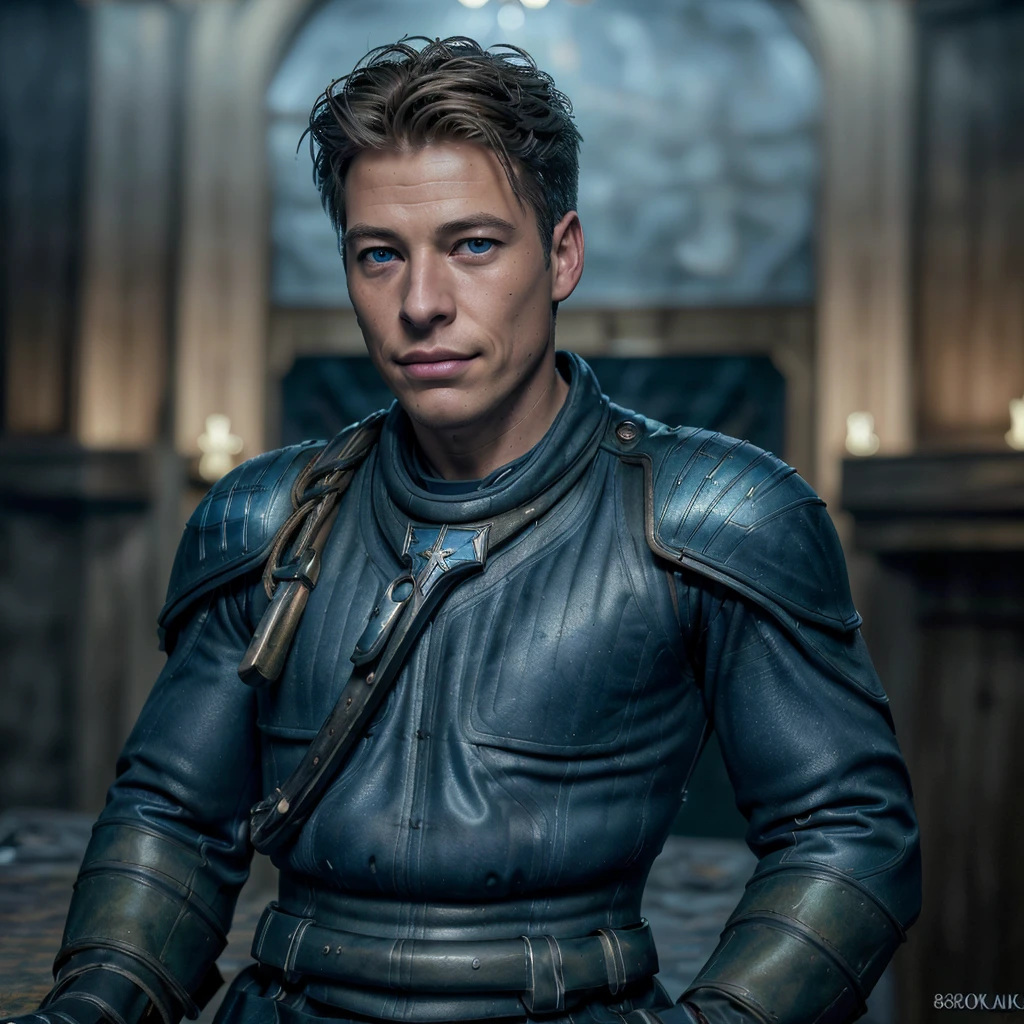 A handsome blonde teenage boy, (detailed face, beautiful blue eyes, long eyelashes, perfect skin:1.2), (smirking Captain Jack Harkness:1.3), highly detailed photorealistic town scenery, cinematic dramatic lighting, moody colors, (masterpiece,best quality,8k,ultra-detailed,realistic:1.4)