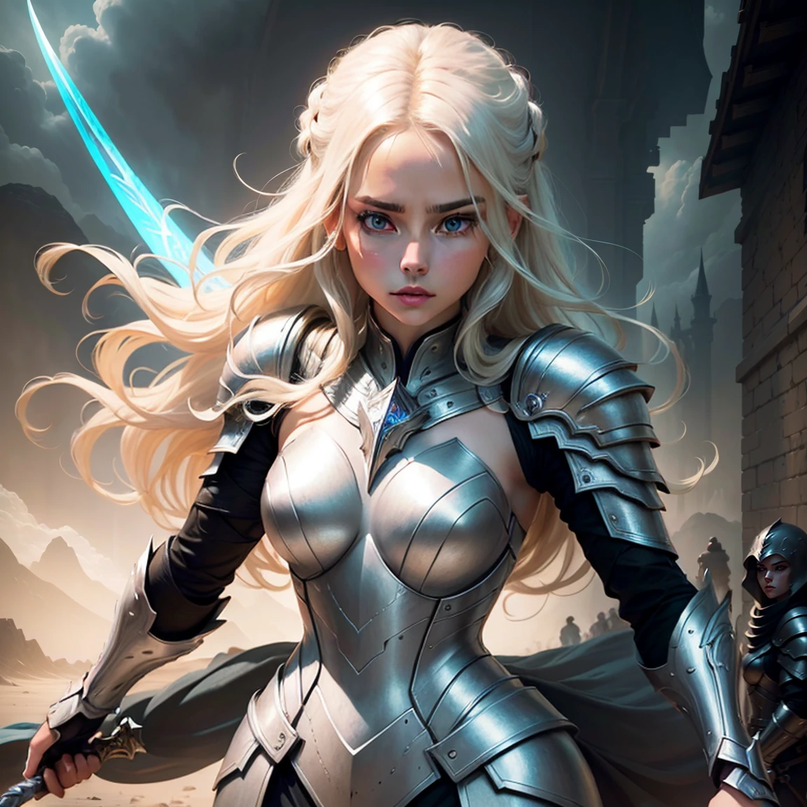 beautiful blonde girl, beautiful detailed eyes, beautiful detailed lips, extremely detailed face, long eyelashes, woman in futuristic white armor, woman warrior with black skin, woman holding a sword, dramatic action pose, dark cloudy background, cinematic lighting, epic fantasy, dramatic colors, digital painting, concept art style, hyper detailed, 8k, high resolution, photorealistic