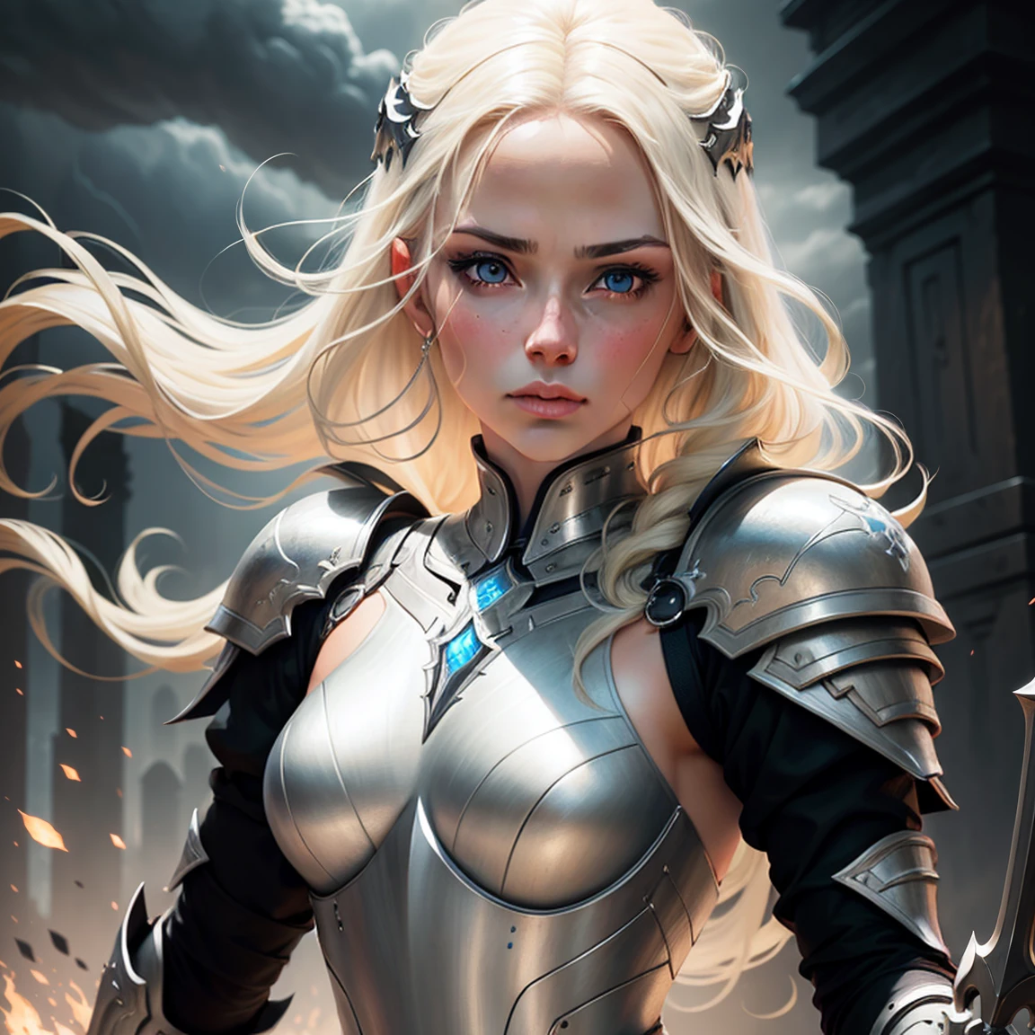 beautiful blonde girl, beautiful detailed eyes, beautiful detailed lips, extremely detailed face, long eyelashes, woman in futuristic white armor, woman warrior with black skin, woman holding a sword, dramatic action pose, dark cloudy background, cinematic lighting, epic fantasy, dramatic colors, digital painting, concept art style, hyper detailed, 8k, high resolution, photorealistic
