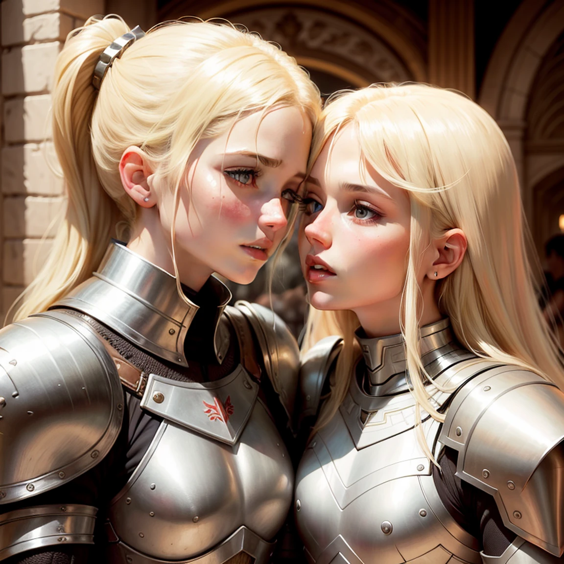 Blond girls white Womans. Armor kiss Womans on trhone