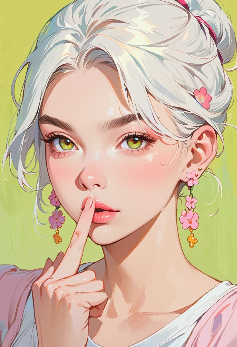 (masterpiece, best quality:1.2), 1 girl, solitary，Anime style，White hair, lips pink、Girl with light floral earrings puts her middle finger to her mouth，In the style of a top portrait painter, Yellow-green background.Middle finger raised