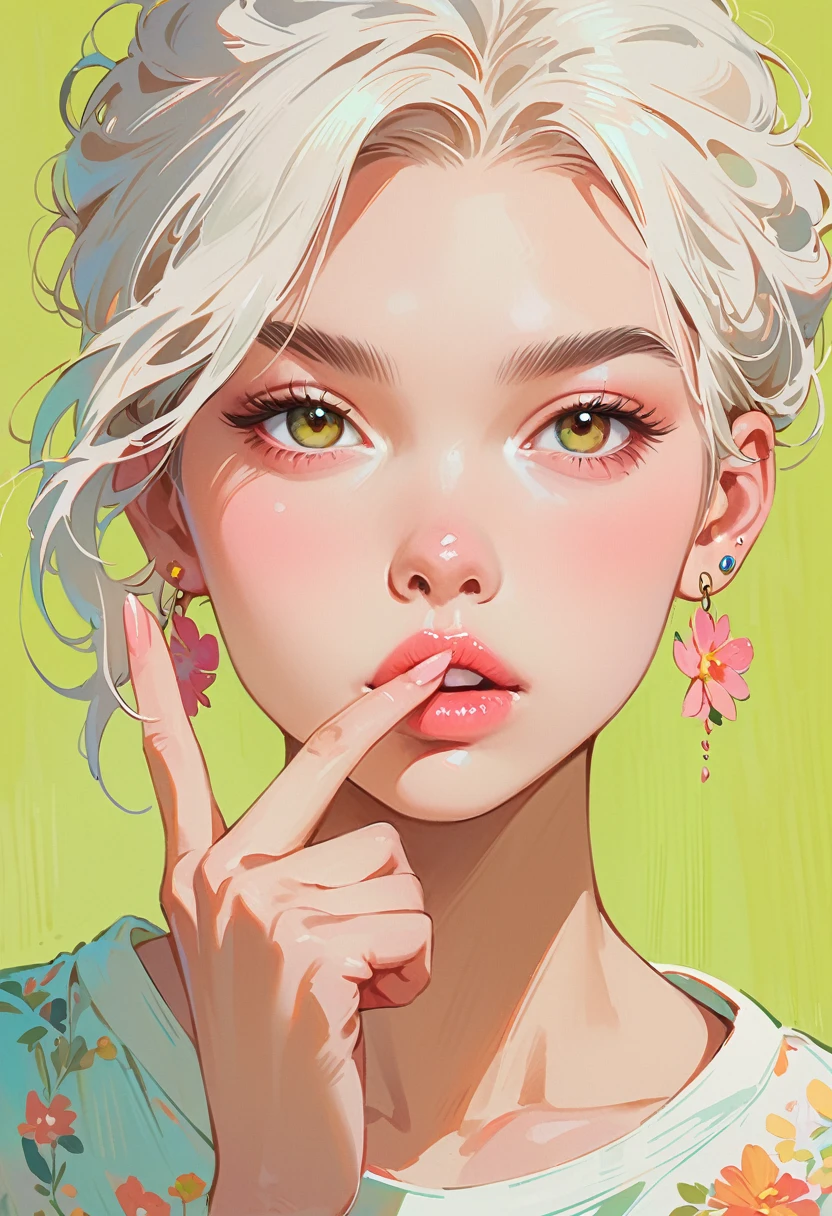 (masterpiece, best quality:1.2), 1 girl, solitary，Anime style，White hair, lips pink、Girl with light floral earrings puts her middle finger to her mouth，In the style of a top portrait painter, Yellow-green background.Middle finger raised