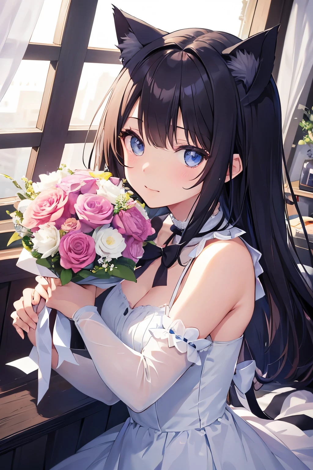 Cat ear、bouquet、dress、High quality、Delicate eyes、One Girl
